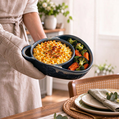 Vintage Breakfast Divided Pan Dual Compartment Ceramic Baking Pan - Navy