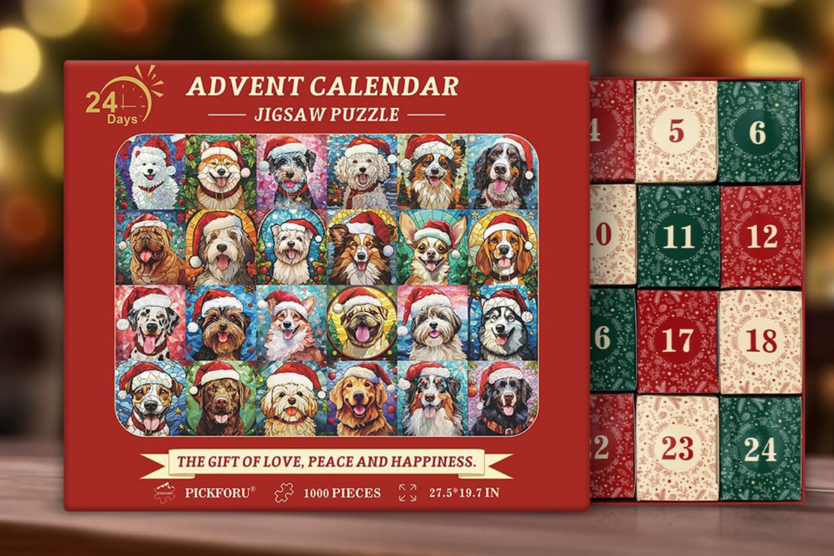 Christmas Advent Calendar 2024 Puzzles for Adults 1000 Pieces Dog Mosaic Stained Glass Puzzle Countdown Calendar