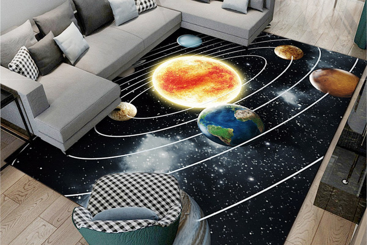 Space Kids Rug For Playroom Solar System Educational Rug Kids Floor Mat-Style 3 Black Cosmic Planet