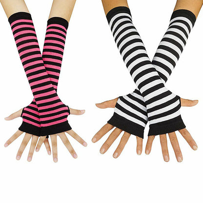 3 Pairs Women Fingerless Arm Warmers Striped Knit Winter Gloves