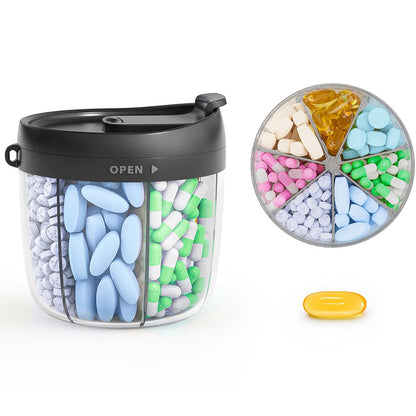 7-Compartment Pill Organizer Bottle with Handle & Rotating Lid for Travel Black