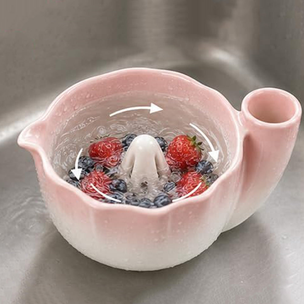 Self-Spinning Ceramic Berry Washing Bowl Set with  2 Fruit Forks -Pink