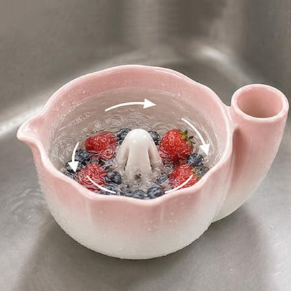 Self-Spinning Ceramic Berry Washing Bowl Set with  2 Fruit Forks -Pink