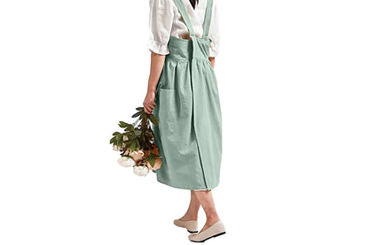 Cotton Linen Aprons Cross Back Apron with Pockets for Women with Pockets Pinafore Dress for Baking Cooking-Green