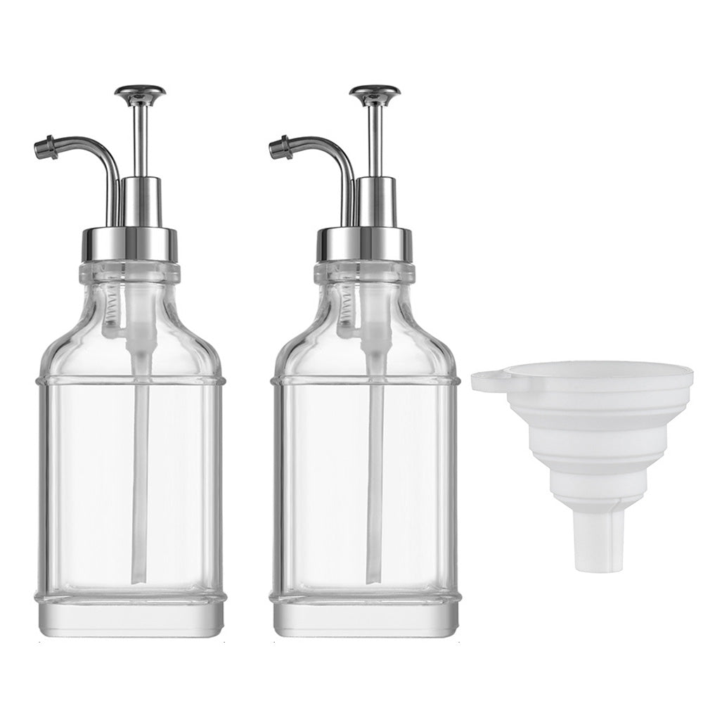 2 Pack 500ml Square Glass Syrup Soap Dispenser Bottles with Funnel - Silver