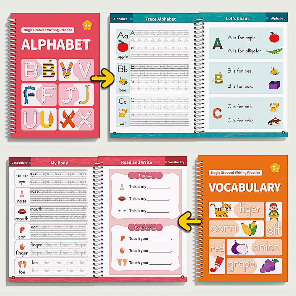 Reusable Magic Grooved Writing Practice Books with Disappearing Ink Pens