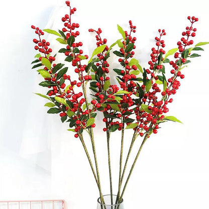 6Pcs 67cm Christmas Red Berry Holly Branch Pine Cone Artificial Flower Xmas Decor