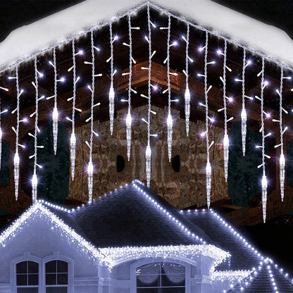 Christmas Icicle Lights Window Curtain Drooping Light String with 8 Modes - White