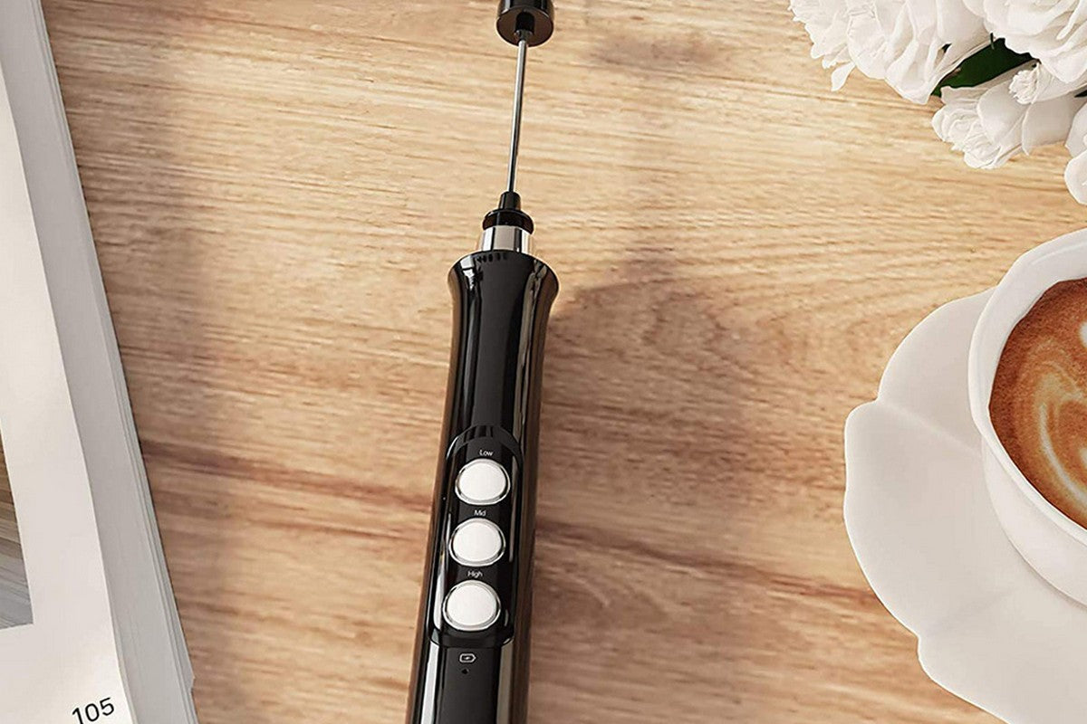 Milk Frother Handheld USB Rechargeable Milk Foam Maker With 3 Stainless Whisks-Black