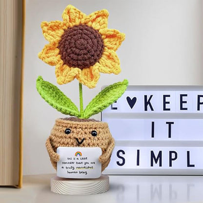 2Pcs Handcrafted Sunflower Doll Soft Acrylic Fabric Yarn Decor with Motivational Card