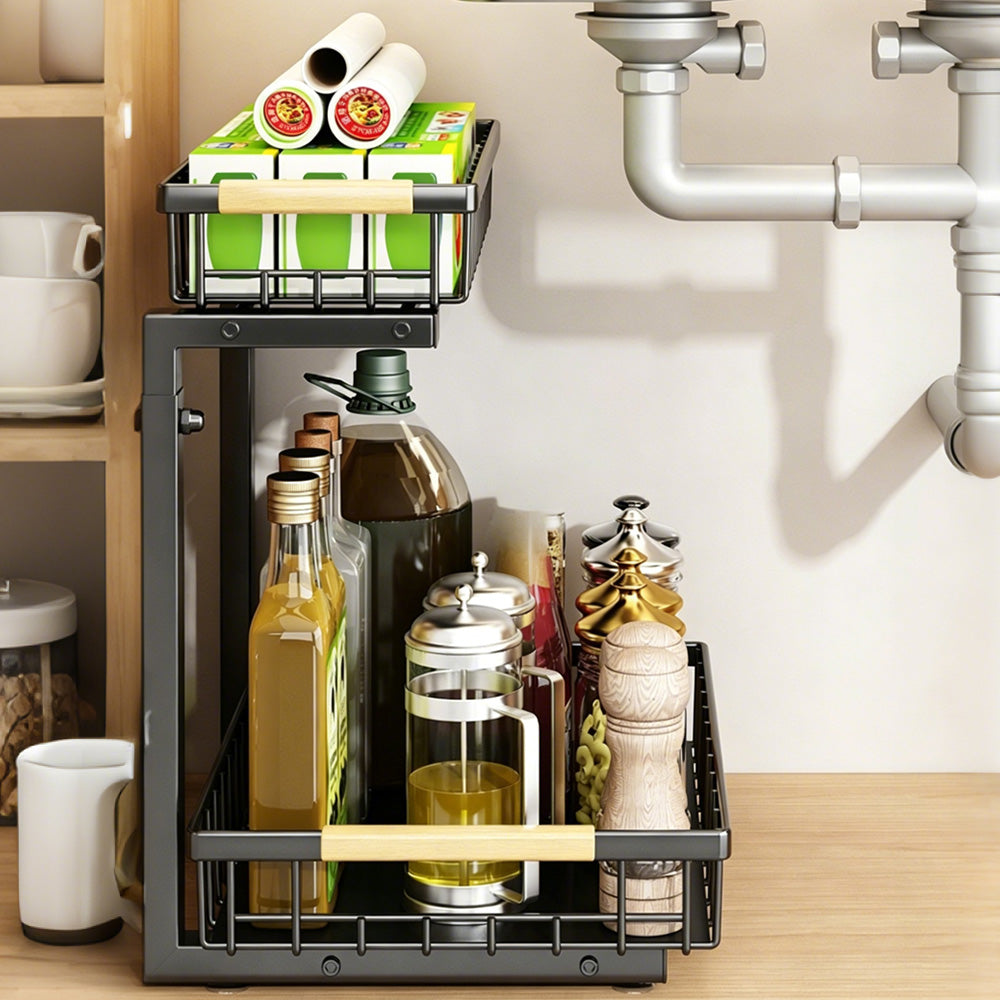 Under Sink Organizer 2 Tier Pull Out Cabinet Storage Slide Out Shelf Metal Sliding Drawer-Black