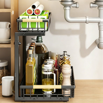 Under Sink Organizer 2 Tier Pull Out Cabinet Storage Slide Out Shelf Metal Sliding Drawer-Black