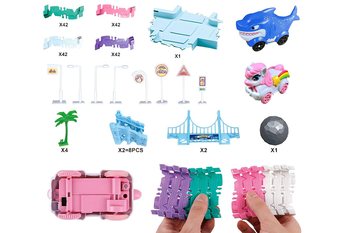 194PCS Race Track Toys Unicorn and Shark Flexible Race Track for Lovely Ages 4-8