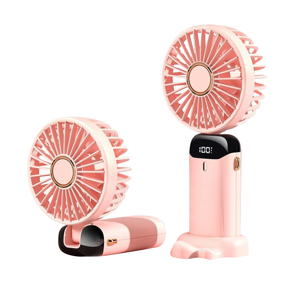 3-in-1 5 Speed USB Handheld Fan Mini Folding Digital Display Fan with Lanyard and Base Pink