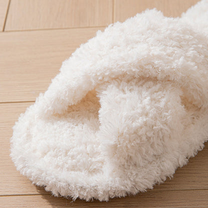 Women Fuzzy Cross Band Slippers Plush Indoor House Shoes Non Slip-White