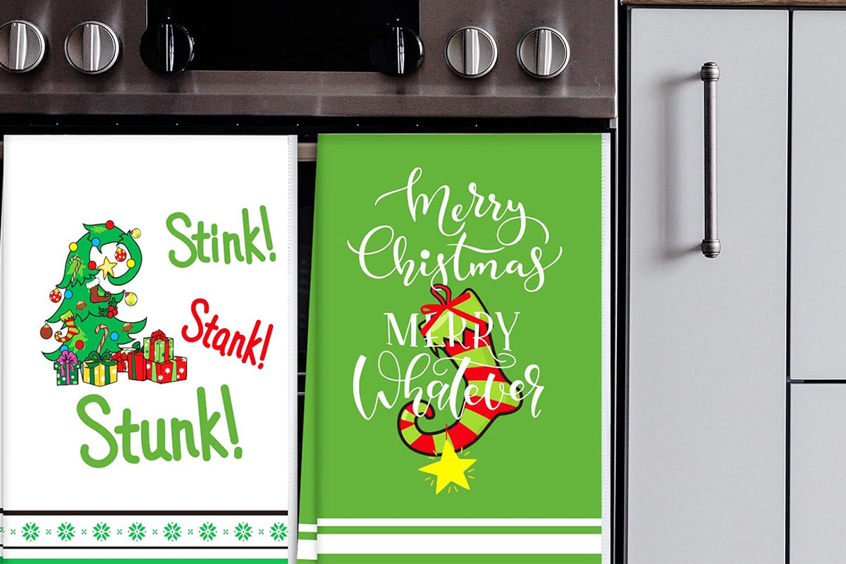 4Pcs Set Christmas Kitchen Towels Grinch Hand Inspirited Towel Merry Christmas Decorative Xmas Absorbent Dish Towels-Style 1