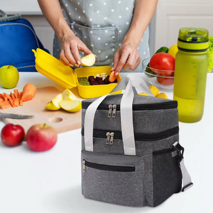 Double Layer Insulated Lunch Bag ââ‚?Portable Cooler Food Tote Gray