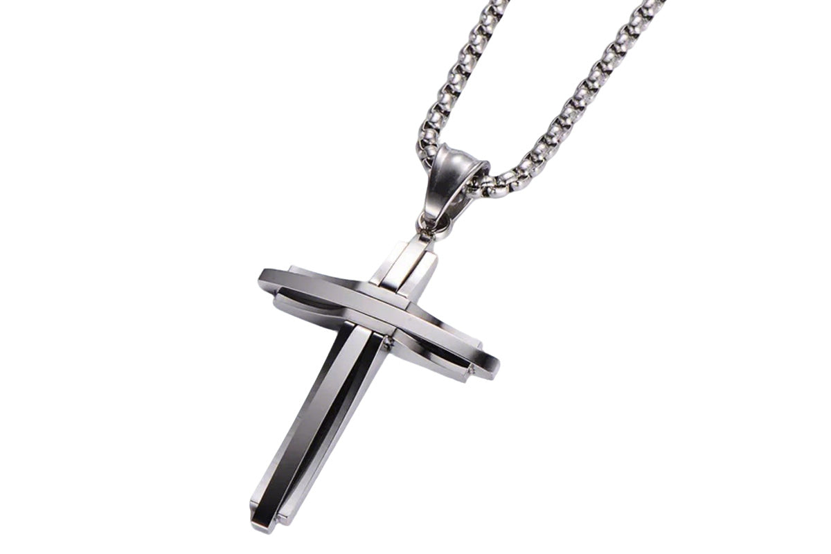 Crucifix Pendant Necklace Titanium Steel Unisex Chain -Silver