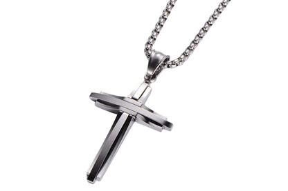 Crucifix Pendant Necklace Titanium Steel Unisex Chain -Silver