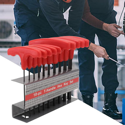 10 Piece CRV T Handle Hex Key Wrench Set with Metal Storage Stand - Red