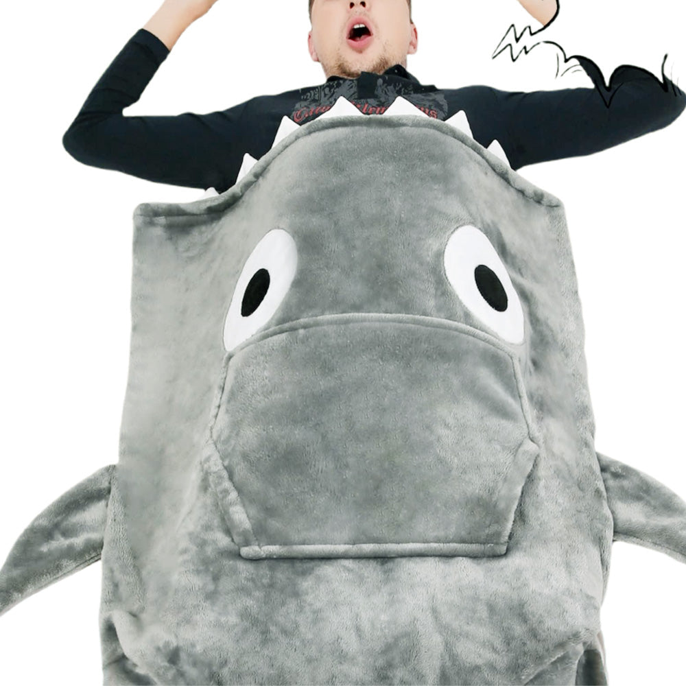 Shark Hoodie Blanket Cartoon Sleeping Wearable Adult Throw Blanket Grey