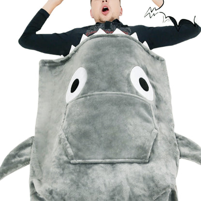 Shark Hoodie Blanket Cartoon Sleeping Wearable Adult Throw Blanket Grey