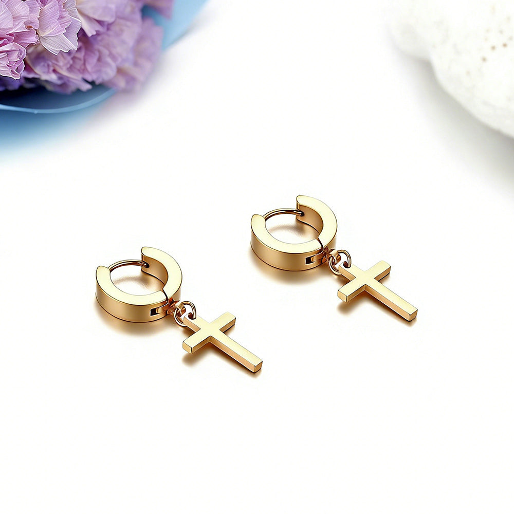 Unisex Cross Dangle Hoop Huggie Stainless Steel Ear Stud Earrings