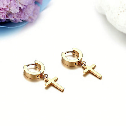 Unisex Cross Dangle Hoop Huggie Stainless Steel Ear Stud Earrings