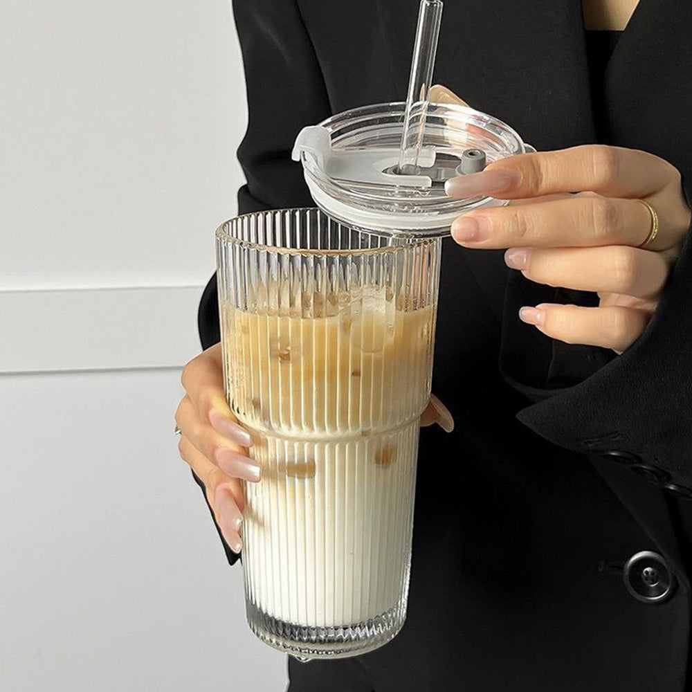2Pcs Iced Coffee Cups with Lid Ribbed Glass Tumbler with Straw Leak Proof Reusable