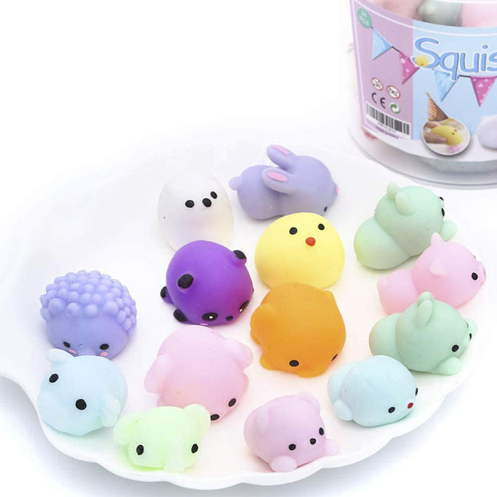 36Pcs Cute Animal Shape Soft Squeezable Toys with Storage Bucket Mochi Squishy Party Favors for Kids