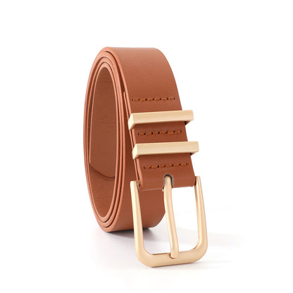 Women PU Leather Waist Belt Gold Pin Buckle Casual Belt for Jeans Dress-Camel