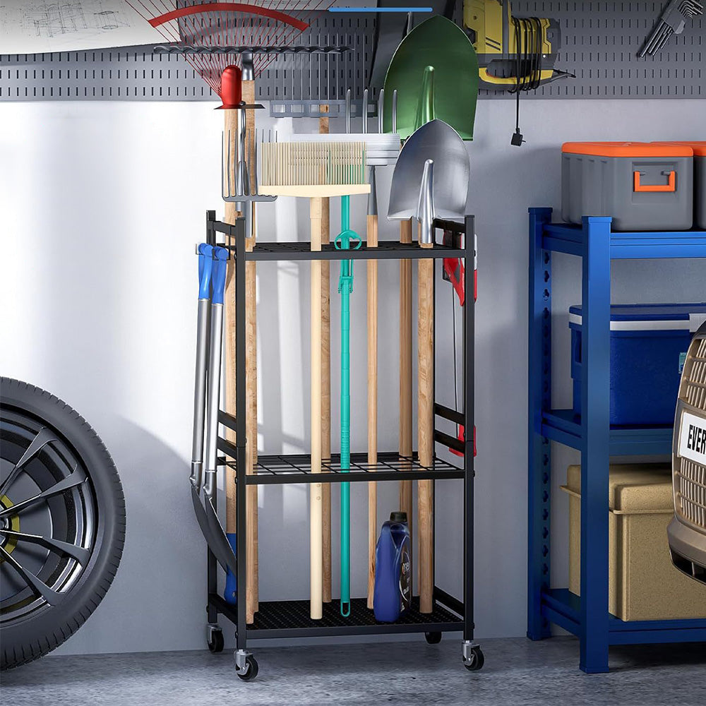 Garden Tool Organizer with Wheels Steel Rack Stand for Garage Storage Holds 35 Tools