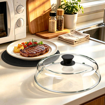 Glass Food Cover Microwave Splatter Guard Serving Dome with Silicone Trivet Black