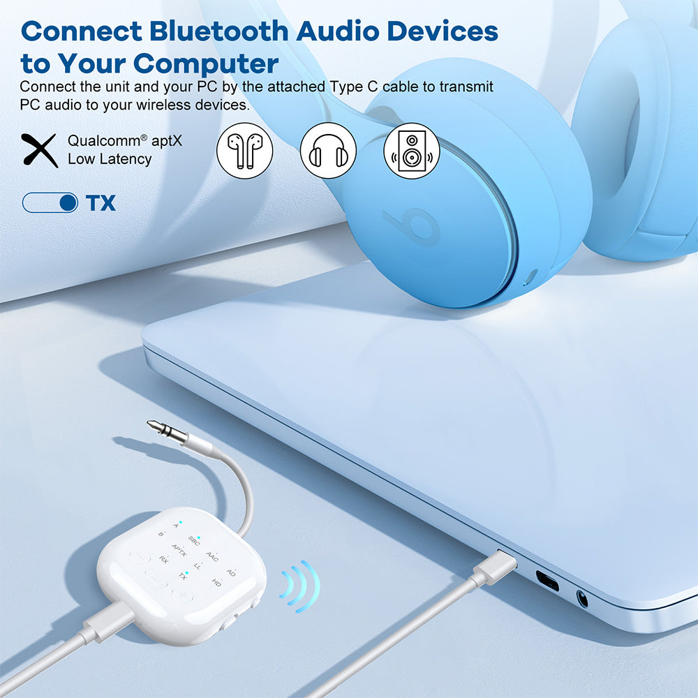 2-in-1Wireless Adapter Transmitter Receiver with Audio Sharing for Up to 2 Wireless Headphones