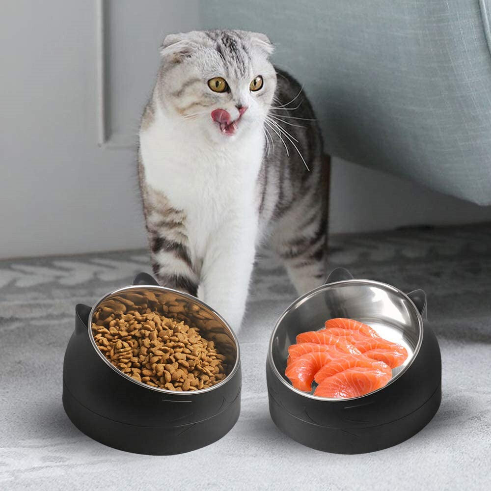 400ml Stainless Steel Tilted Pet Bowl Non-Slip Raised Feeder for Cats and Dogs-Black