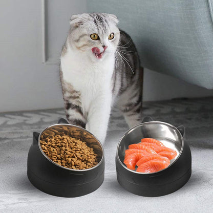 400ml Stainless Steel Tilted Pet Bowl Non-Slip Raised Feeder for Cats and Dogs-Black