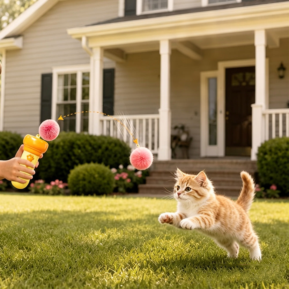 Cat Teaser Launcher with Retractable Cord and 2 Plush Balls - Orange