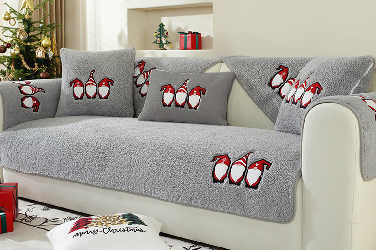 Christmas Sherpa Fleece Slipcover Protector Sofa Throw Cover Soft Thick Cozy Sofa Throw-Grey