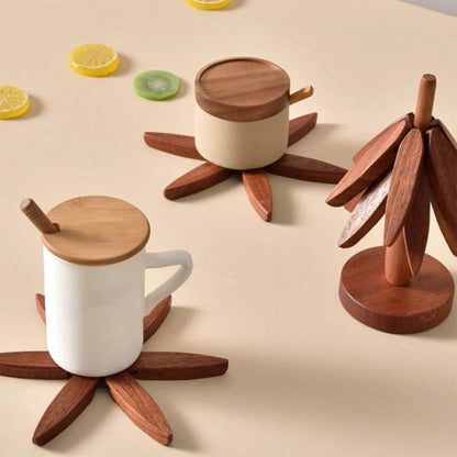 4Pcs Christmas Tree Coasters Wooden Tree Shape Trivets for Hot Dishes with Stand Dark Brown
