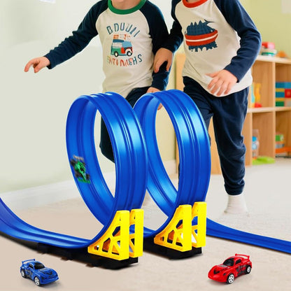 4M Flexible Race Track Toy DIY Bendable Ramp with Suction Cups Roll-Up Car Track Set Blue