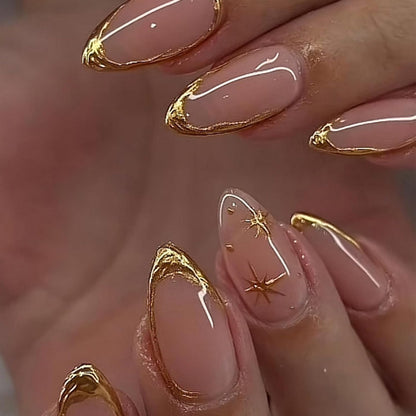 Press on Nails Almond Fake Nails with Gold Hexagram Full Cover Stick on Nails
