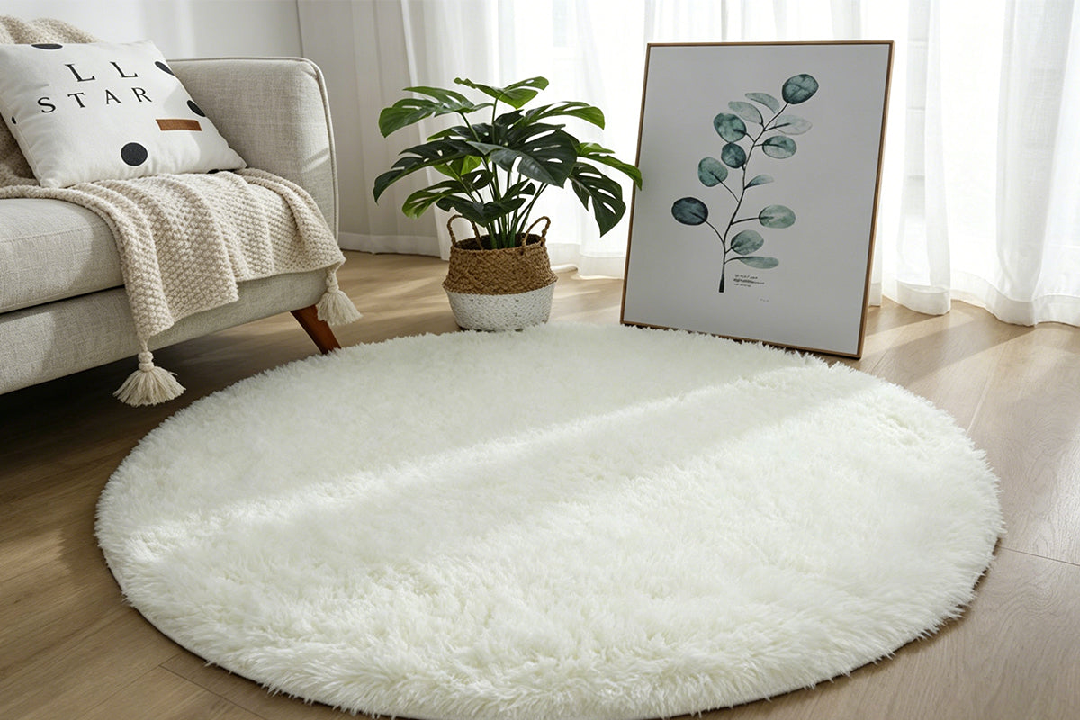 Fluffy Round Plush Area Rug Non Slip Carpet - White