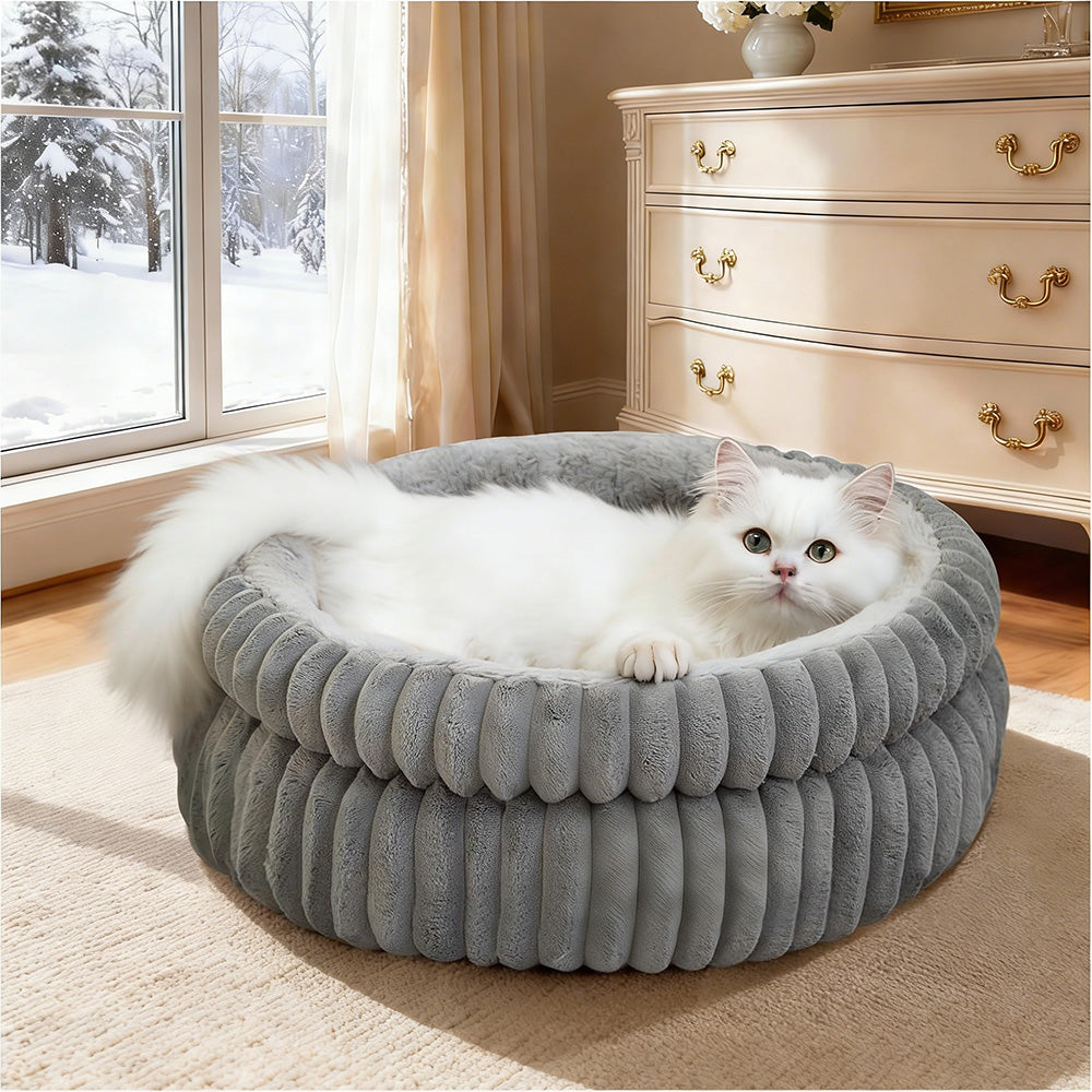 Donut Plush Pet Dog Cat Bed Fluffy Soft Warm Nest for Indoor Cats Small Dogs-Dark Grey