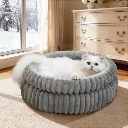 Donut Plush Pet Dog Cat Bed Fluffy Soft Warm Nest for Indoor Cats Small Dogs-Dark Grey
