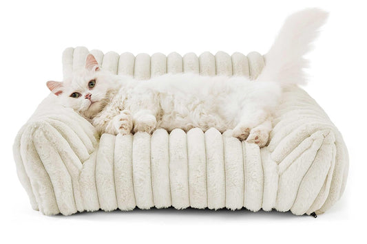 Cat Couch Bed Fluffy Pet Sofa with Removable Washable Cover Non-Slip Bottom -White