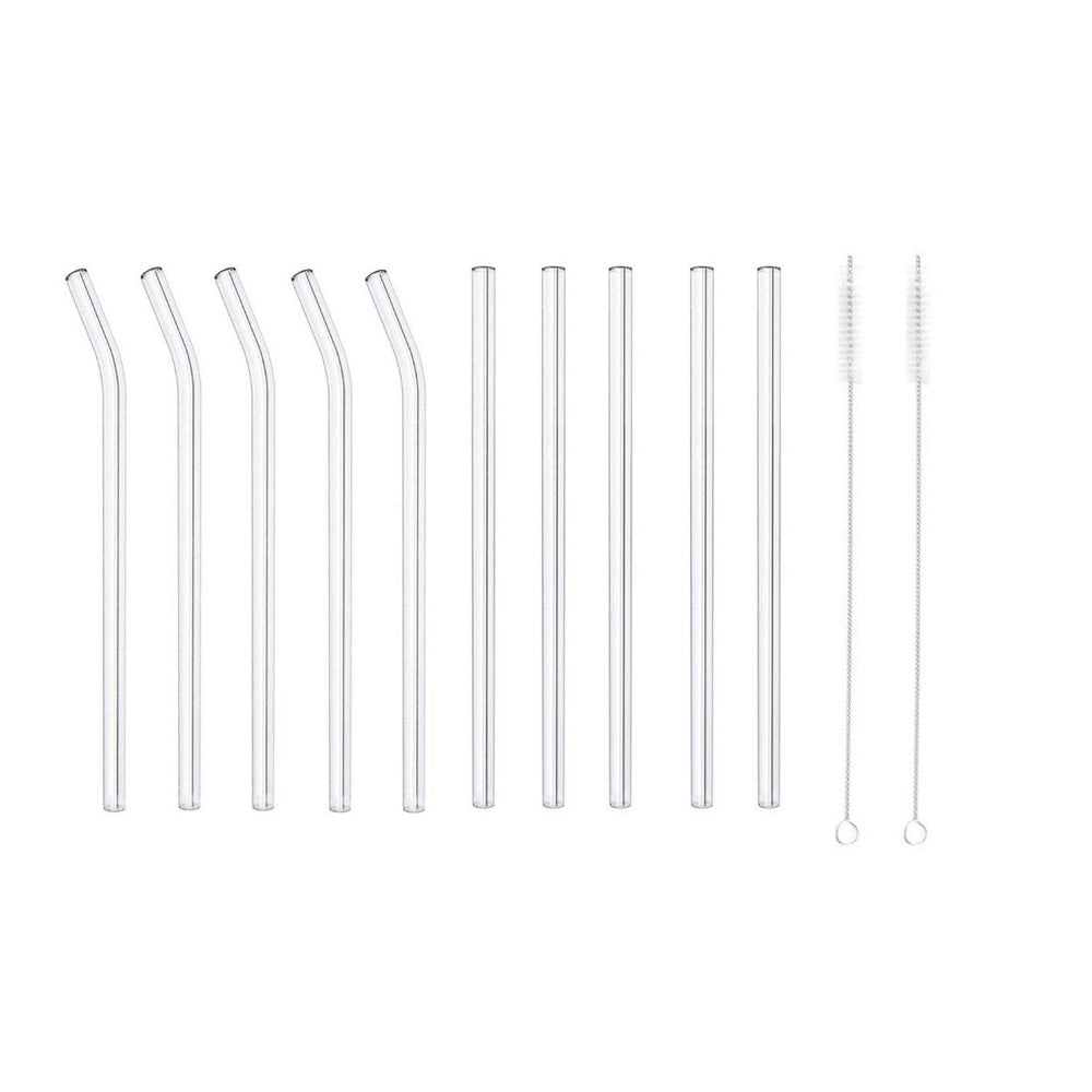 10Pcs Glass Reusable Drinking Straight or Bent Straws Set with Cleanging 2Pcs Brushes