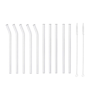 10Pcs Glass Reusable Drinking Straight or Bent Straws Set with Cleanging 2Pcs Brushes