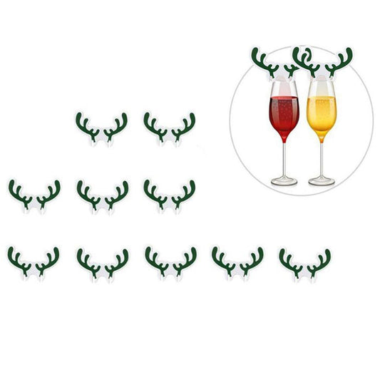 Cute Green Antler Wine Glass Sign Flag Christmas Moose Antler Hat Cards Christmas Wine Glass Paper Decorations