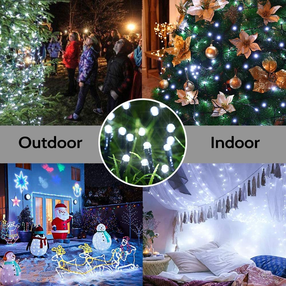 12M 100LED White 8 Mode Solar String Lights Waterproof Starry Fairy Light