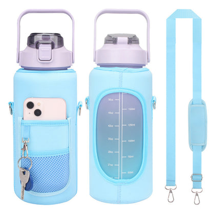 Water Bottle Carrier Bag Neoprene 2L Bottle Pouch Holder Adjustable Shoulder with Pocket for Travelling -Blue
